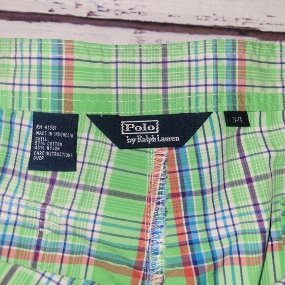 Polo Ralph Lauren Swim Trunks Size 34 Mens Green Plaid Cargo Drawstring Unlined - Picture 16 of 16
